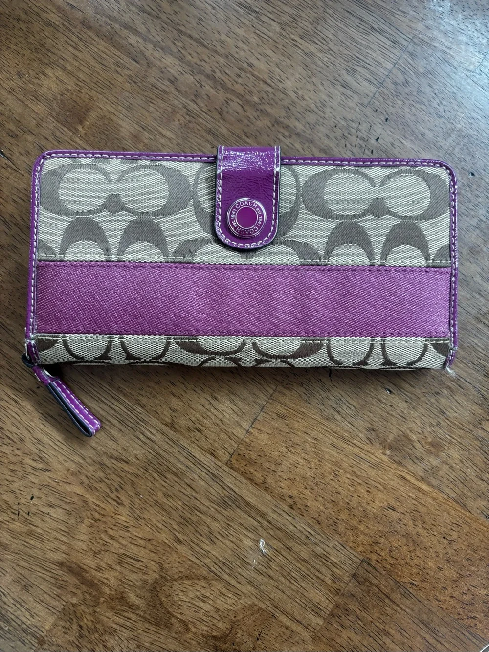 Coach Signature Canvas Purple Stripe Accordion Zip Around Wallet